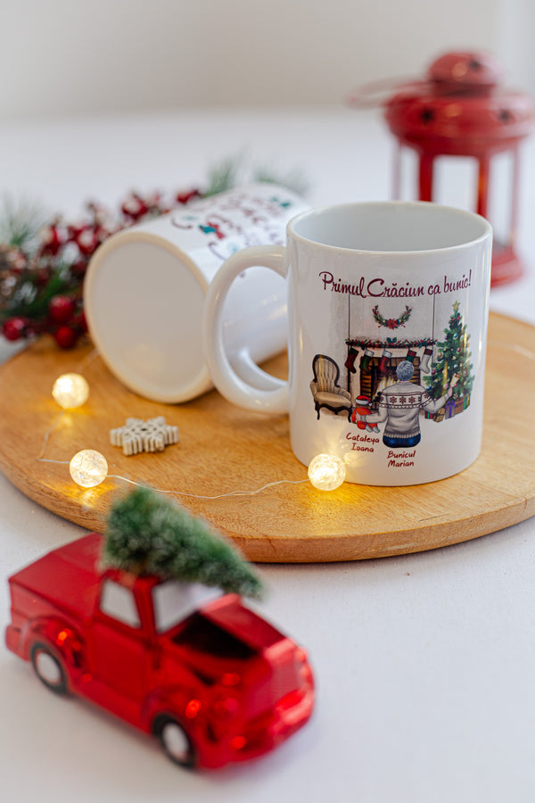 Cana albă personalizată - „Primul Crăciun ca Bunic/Bunică”