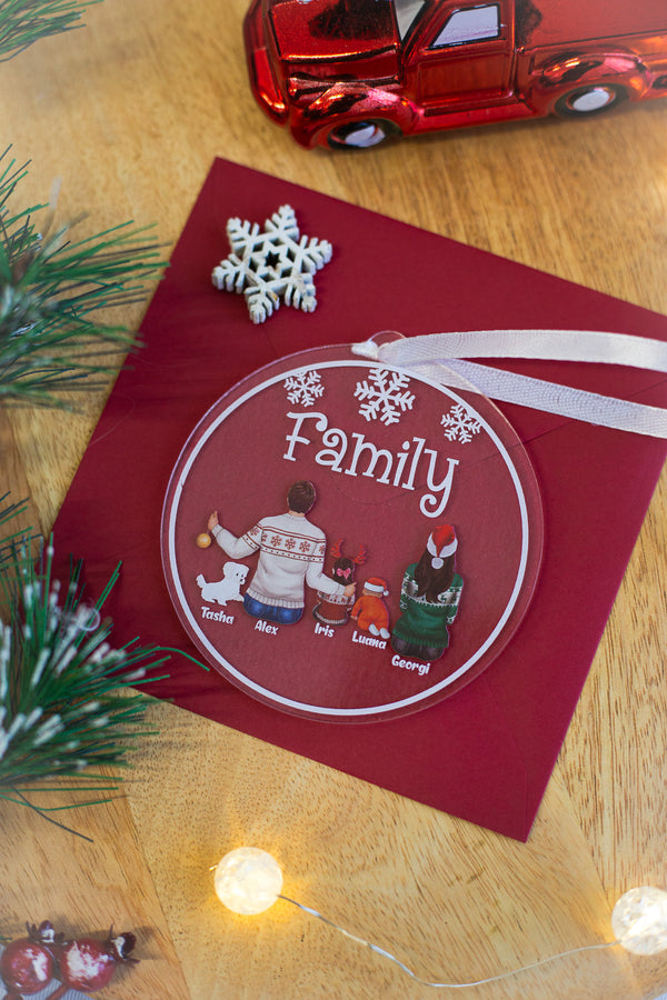 Glob personalizat din plexiglas transparent cu membrii familiei - Crăciun 2025