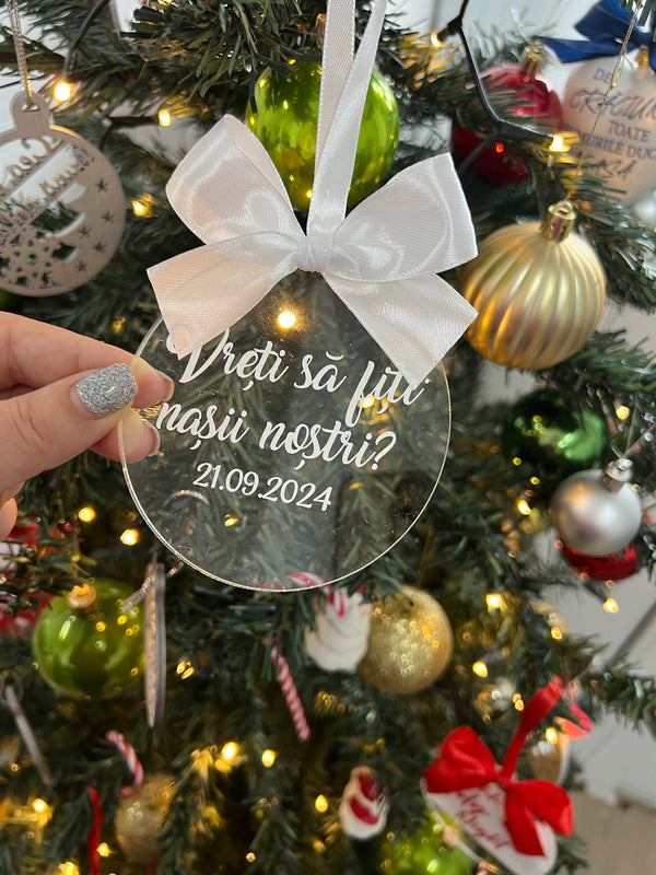 Glob personalizat din plexiglas transparent cu mesaj pentru nași