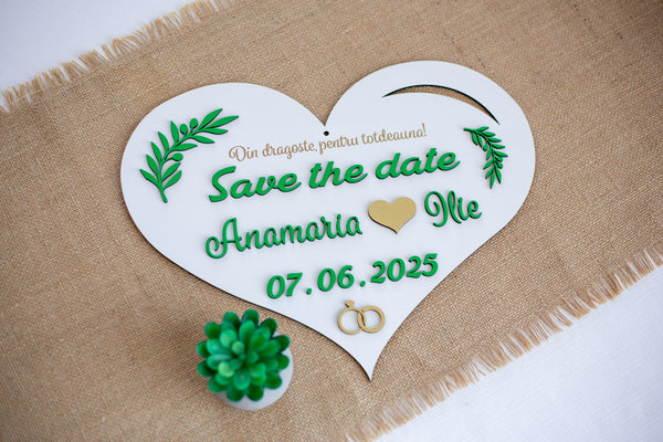 Decoratiune inima Save the Date "Frunze"