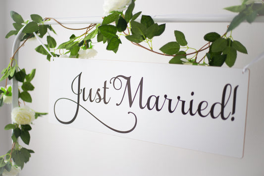 Placuta de bun venit printata 60x20 cm "Just married"