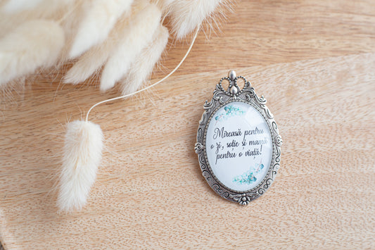 Brosa pentru buchet "Mireasa, sotie si mama" - Turcoaz