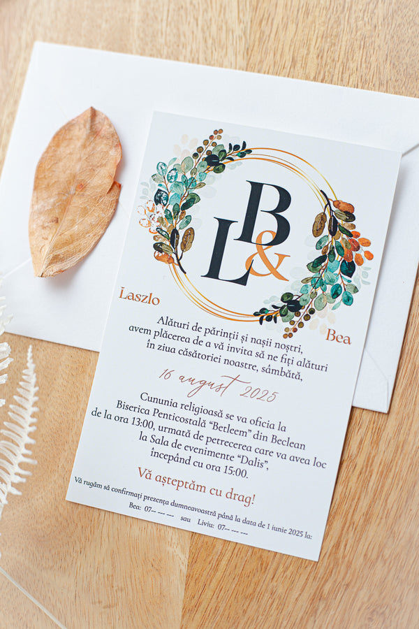 Invitații pentru nunta - Cerc floral "Arămiu" (minim 50 buc.)