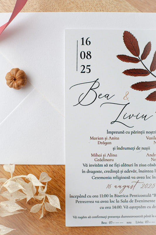 Invitații pentru nuntă „Visiniu” - minim 50 buc., handmade