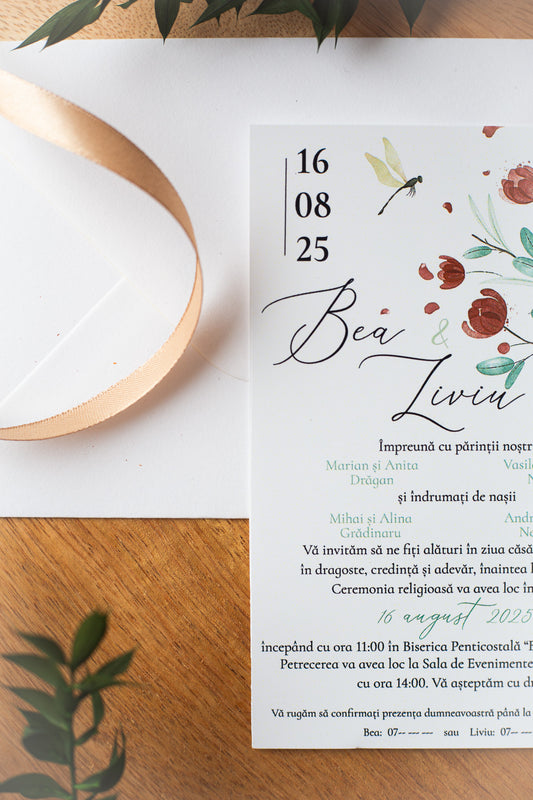 Invitații pentru nuntă „Libelula” - minim 50 buc., handmade