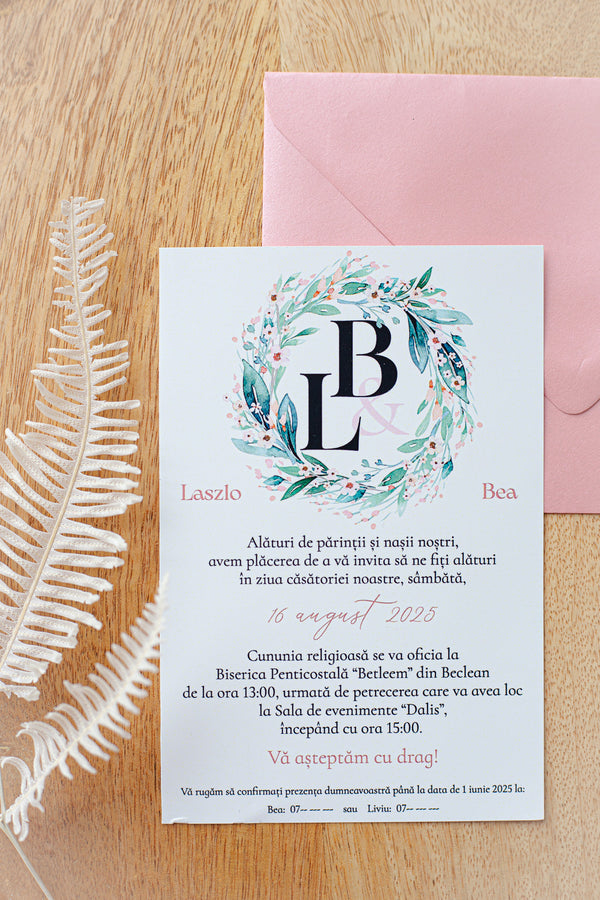 Invitatii pentru nunta - Cerc floral "Roz Pal" (minim 50 buc.)