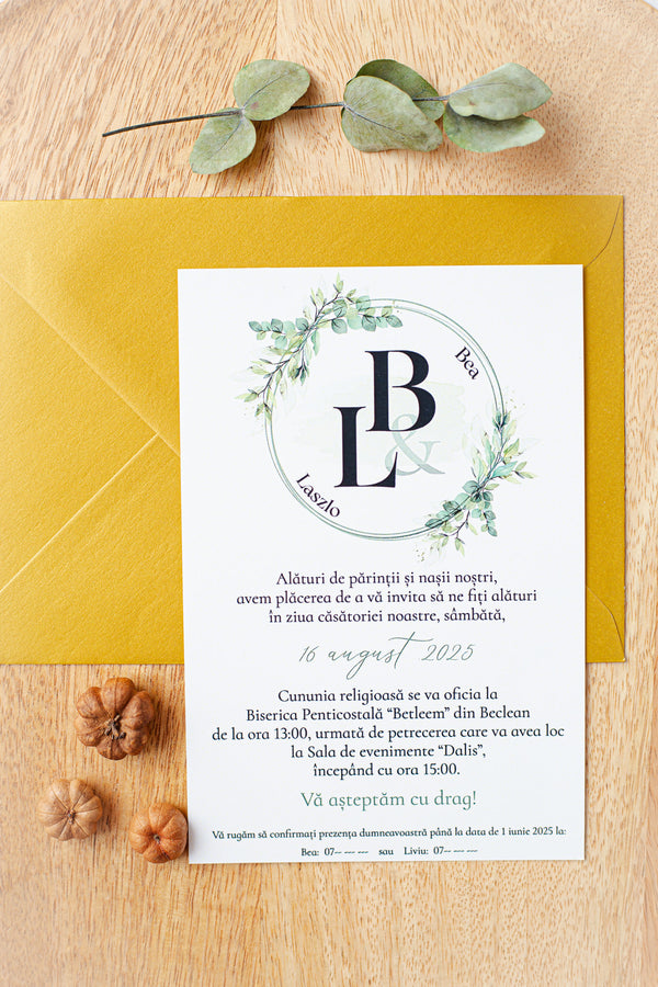 Invitatii pentru nunta - Cerc floral "Verde" (minim 50 buc.)