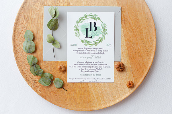 Invitatii pentru nunta - Cerc floral "Verde Sage" (minim 50 buc.)