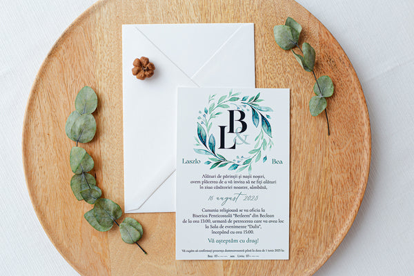 Invitatii pentru nunta - Cerc floral "Turcoaz" (minim 50 buc.)