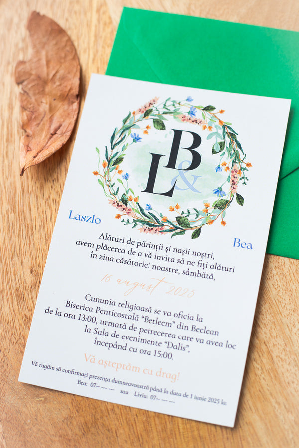 Invitatii pentru nunta - Cerc floral "Multicolor" (minim 50 buc.)