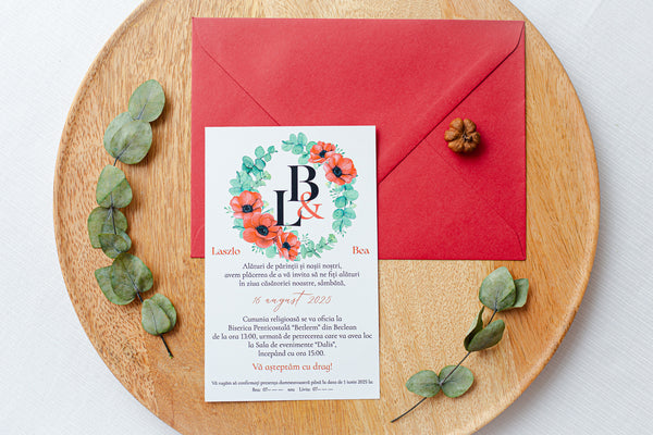 Invitatii pentru nunta - Cerc floral "Floare de Mac" (minim 50 buc.)