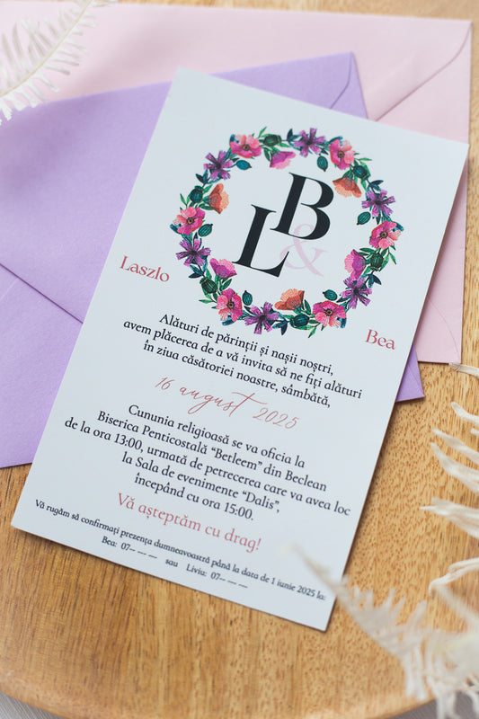 Invitatii pentru nunta - Cerc floral "Roz-Mov" (minim 50 buc.)