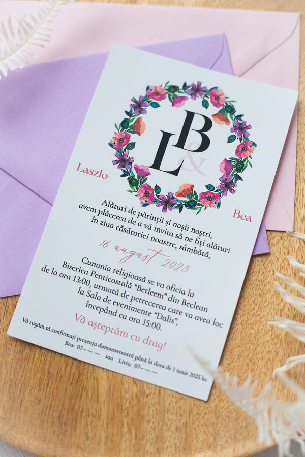 Invitatii pentru nunta - Cerc floral "Roz-Mov" (minim 50 buc.)