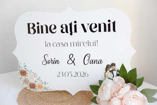 Placuta personalizata printata 60x40 cm "Bine ati venit" - floral